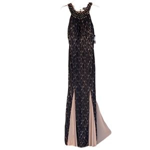 CACHE Long Maxi Black Lace and Tan Mesh-like beaded Evening Event Prom Dress